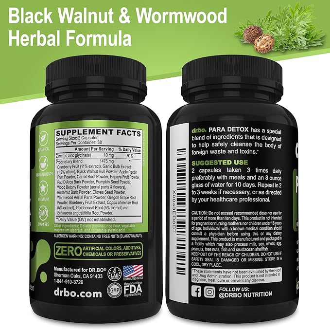 DR. BO para Cleanse Human Detox Guard - Intestinal Pills Support for Humans - Pro Gut Health Intestine Supplement Stomach for Adults - Herbal Wormwood Black Walnut Complex & Cloves - 60 Capsules