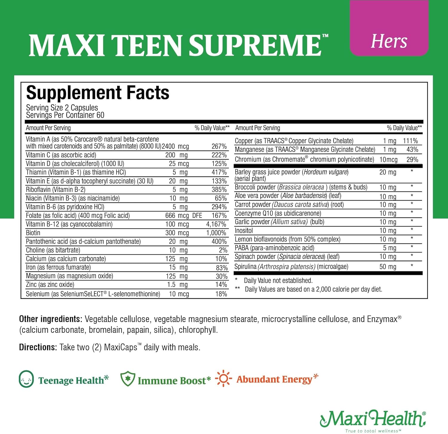 Teen Vitamins for Girls 12-17 - Teen Multivitamin Supreme with D3, Iron, Calcium, Biotin, Digestive Enzymes – Teenager Girl Multi Vitamins for Energy, Immune & Mood Support – 60 Count