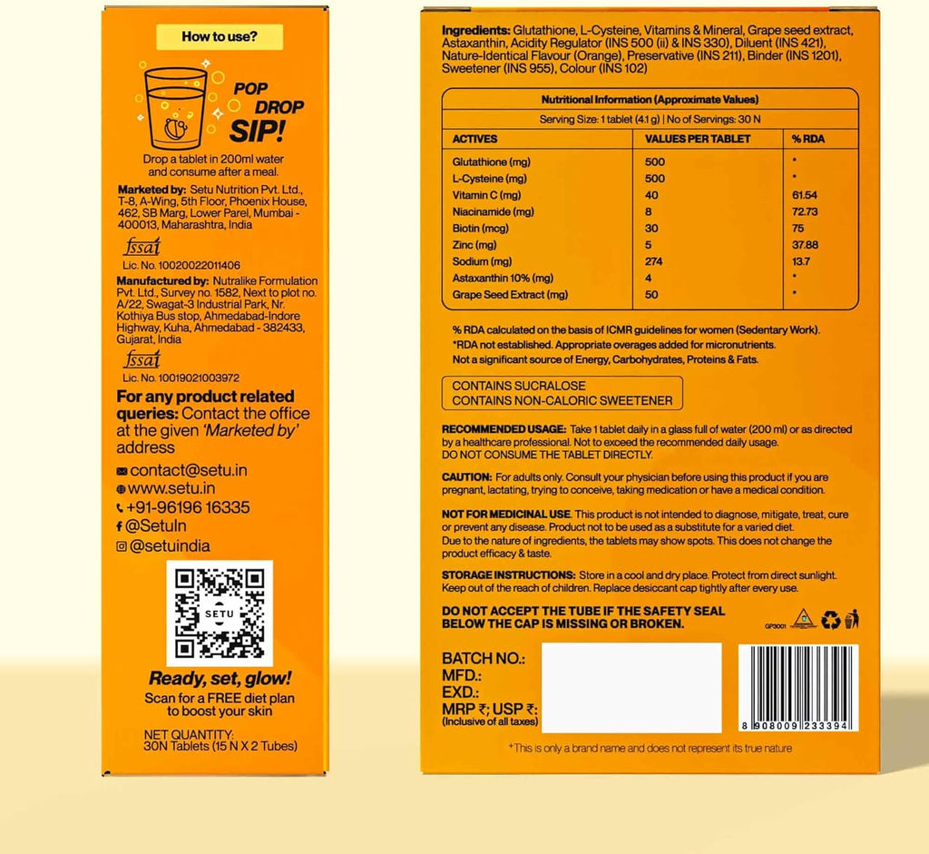 SETU Glutathione Effervescent Tablets with 500mg L-Glutathione & Vitamin C | Sugar-Free Antioxidant Supplement | Orange Flavor (Pack of 4) | 60 Tablets
