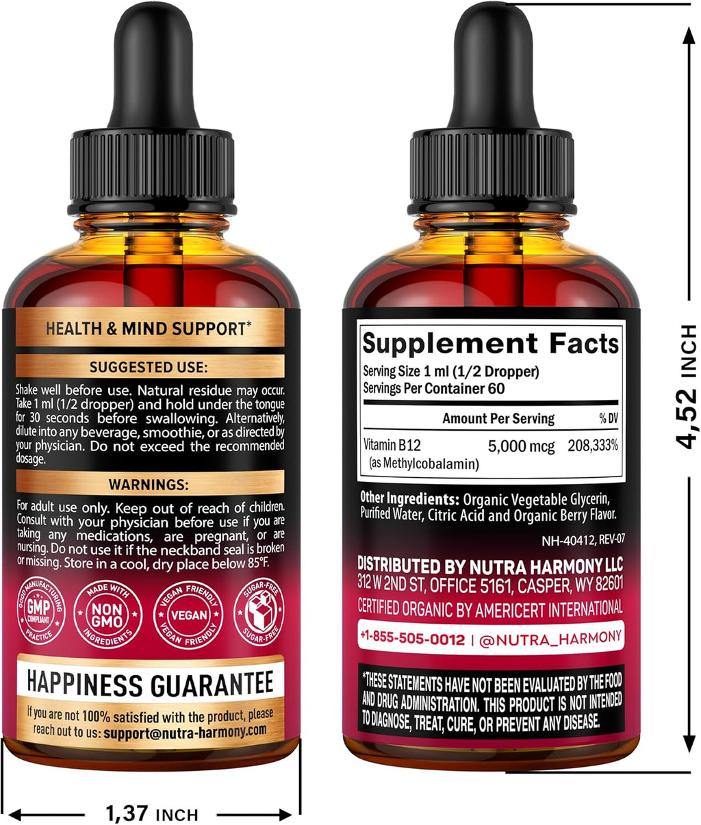 USDA Organic Vitamin B12 Sublingual Drops - 5000 mcg Liquid Vegan Methylcobalamin for Women & Men - Energy Boost, Focus & Mood, Brain Health Support - Maximize Absorption - 2 Month Supply, 2 fl oz