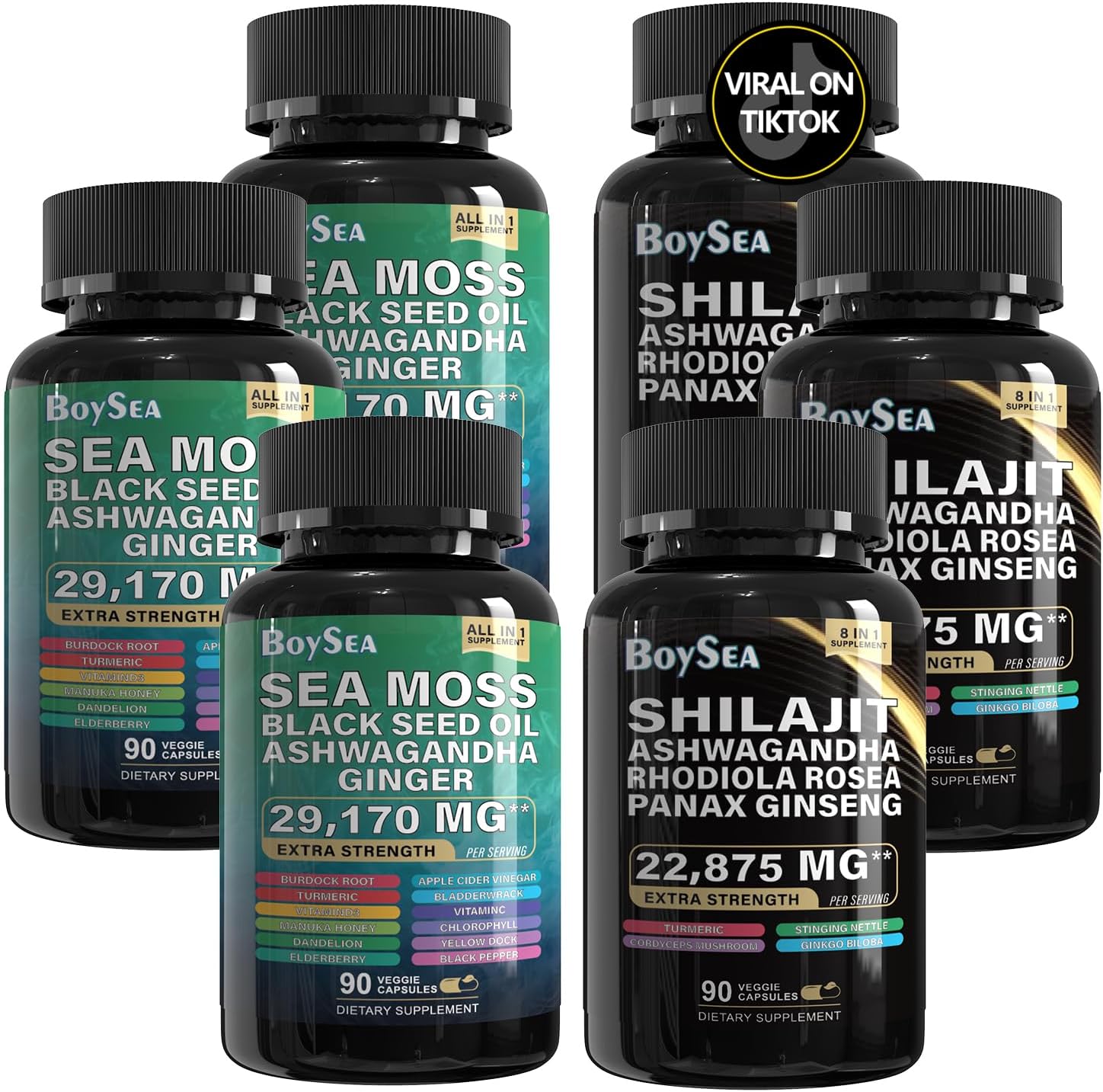 Boysea.Shilajit and Sea Moss Bundle - 90 Count - Sea Moss 7000mg, Black Seed Oil 4000mg, Ashwagandha 2000mg, Ginger & Shilajit 9000mg, Rhodiola Rosea 1000mg, All in 1 Supplements (3 Pcs)