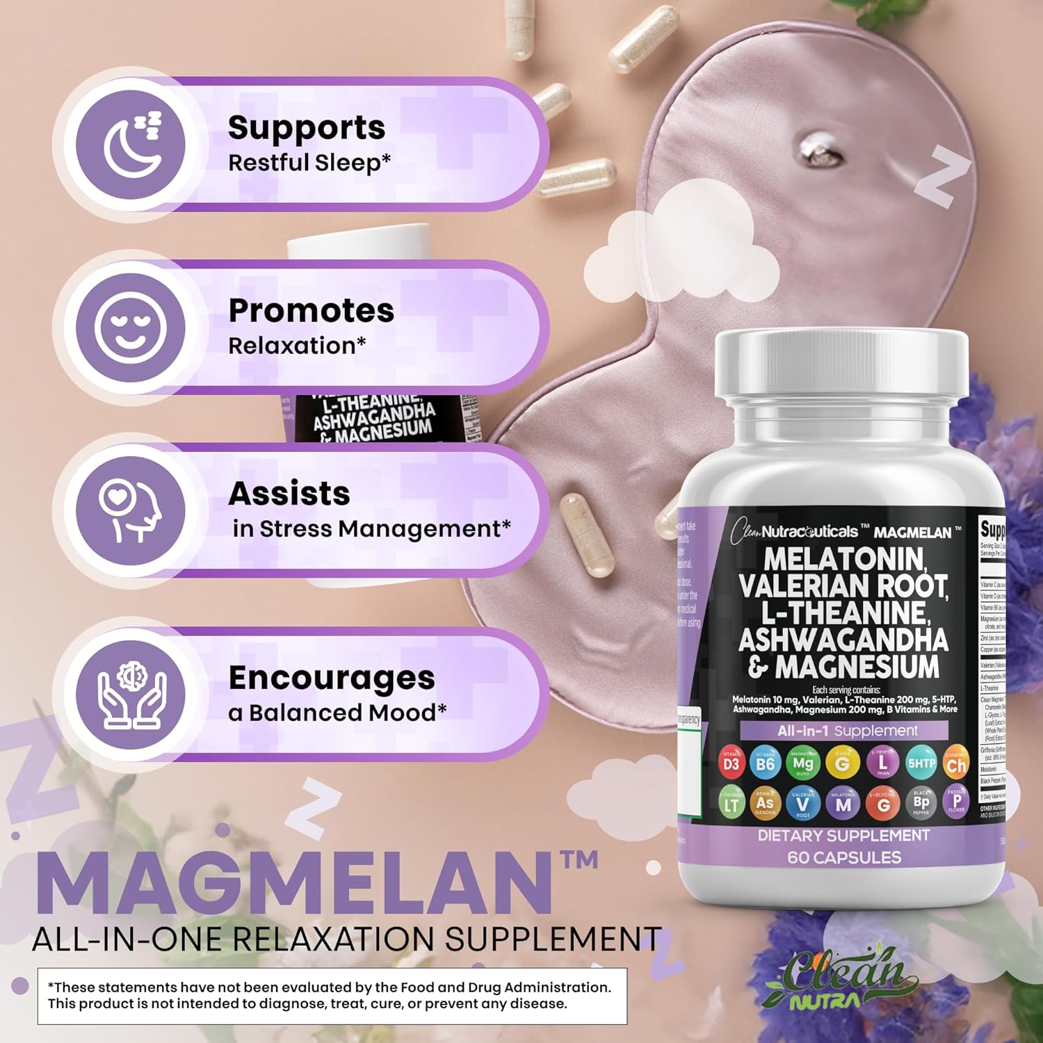 Clean Nutraceuticals Melatonin 10mg Valerian Root L Theanine 200mg Ashwagandha - Sleep Support for Women & Men with Magnesium Complex, Lemon Balm, Chamomile, & Passion Flower - 60 Caps