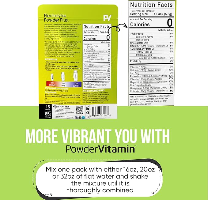 PowderVitamin Electrolytes Powder Plus, Keto, Variety Pack A, Sugar Free, Pink Himalayan Salt, 1000mg Potassium, 120mg Calcium, 120mg Magnesium, Non-GMO, Zero Calories, (16 Hydration Packets)