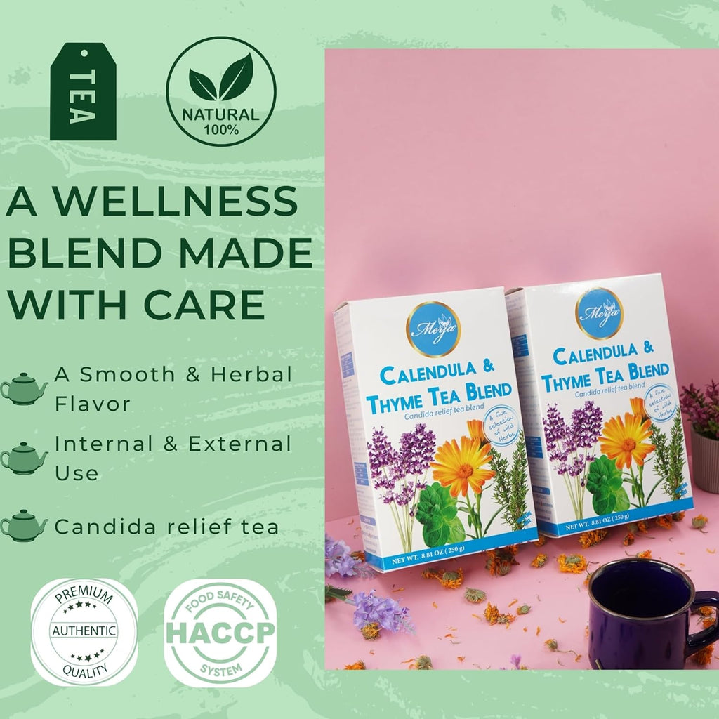 Merja Herbs Calendula & Thyme Tea [250g] 100% Natural for Fungal Cleanse & Body Detox | Decaf Viral Relief | Herbal Teas & Beverages