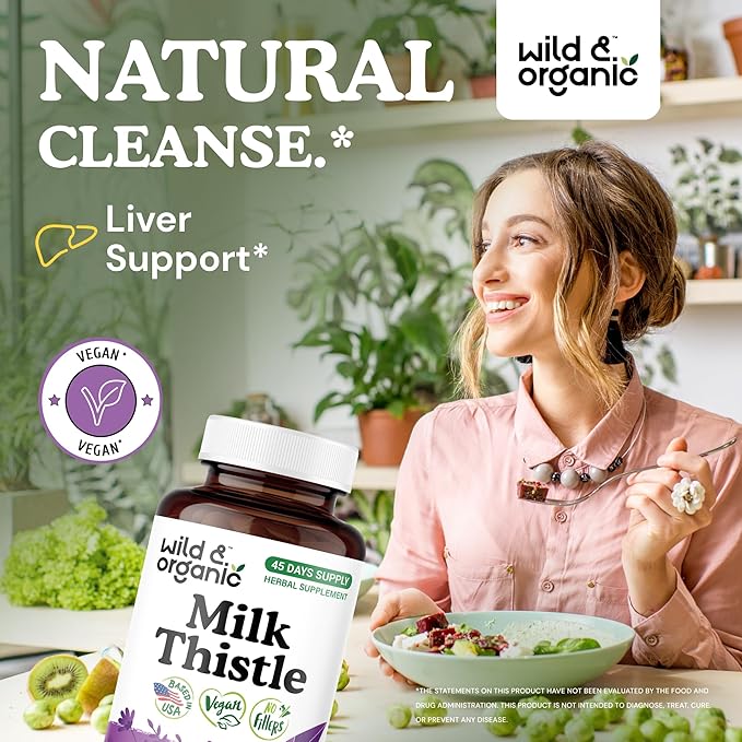 Wild & Organic Milk Thistle Capsules 1000mg - Liver Detox Supplements - Silymarin Milk Thistle Powder for Liver Cleanse - 90 Vegan Capsules - 45-Days Supply - No Fillers, Non-GMO
