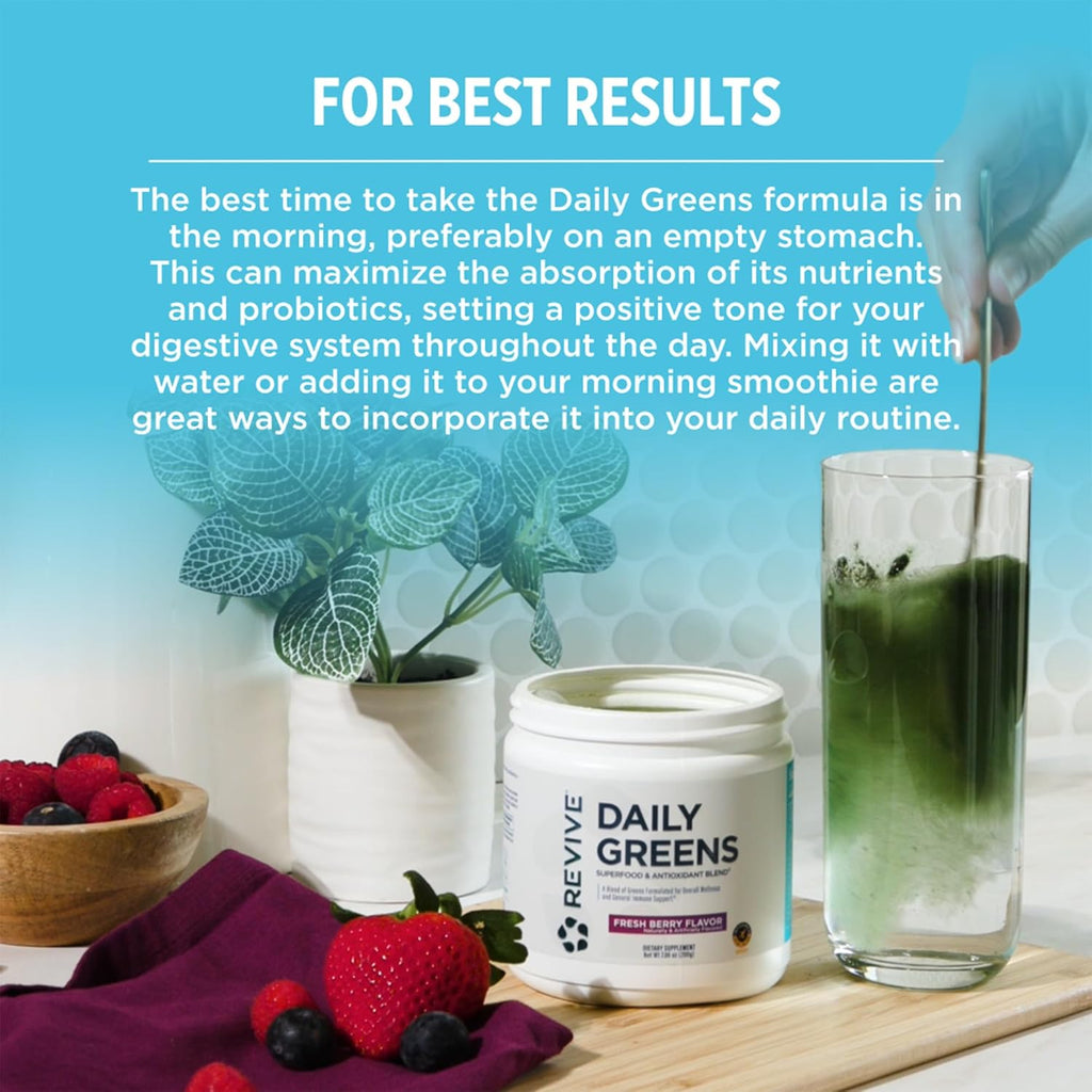 REVIVE MD Daily Green Powder Superfood (Fresh Berry) - Supergreens Powder to Support Energy Levels - Green Juice That Improves Fiber Intake - Vegetable Supports Digestion and Gut Health