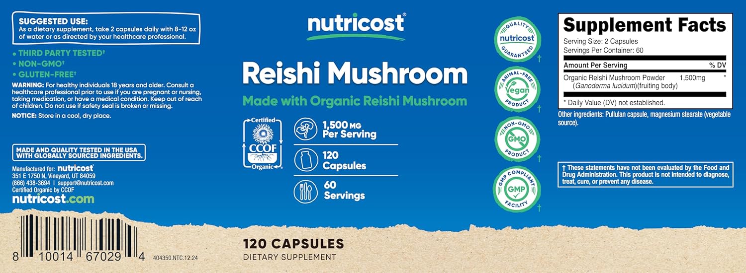 Nutricost Reishi Mushroom Capsules 1500mg, 60 Servings - CCOF Certified Made with Organic Reishi Mushroom, Vegetarian, Gluten Free, 750mg Per Capsule, 120 Capsules