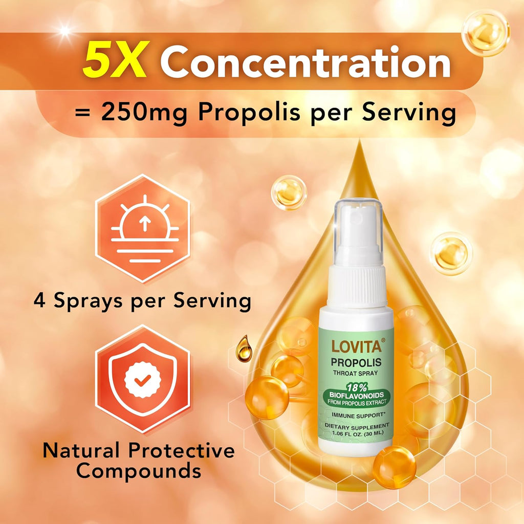 LOVITA Bee Propolis Throat Spray 250mg, Bee Propolis Extract with 18% Bioflavonoids, Alcohol-Free Antioxidant, Immune Support & Sore Throat Relief, Gluten-Free, Non-GMO, 1 Fl Oz, 30 Day Supply