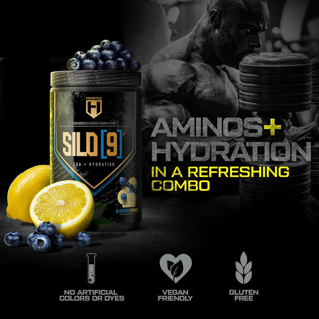 HOSSTILE SILO[9] Essential Amino Acids, EAA & BCAA Powder, Electrolyte Hydration Support, Enhance Muscle Growth & Recovery, Pre or Post Workout Drink, Blueberry Lemonade, 30 Servings