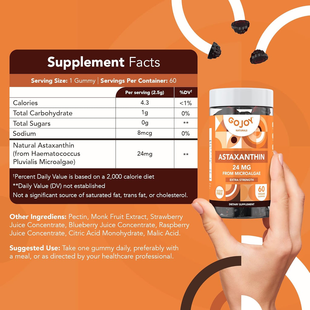 Chewable Astaxanthin Gummies - Natural Astaxanthin 24mg Antioxidant Supplement - Vegan, Non-GMO, Sugar-Free, Gluten-Free, Soy-Fee, 3rd Party Lab Tested - 2 Month Supply (60 Gummies)