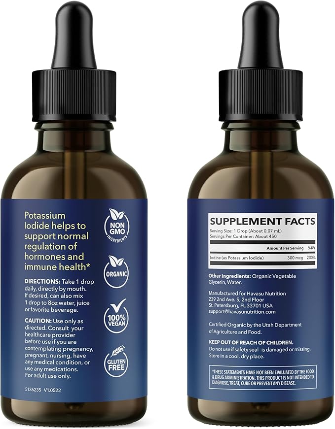 Iodine Liquid Drops - USDA Organic Potassium Iodide Supplement for Thyroid Health, Hormone Balance, and Metabolism Support - 1-Year Supply - Vegan, Non-GMO Gluten-Free - Unflavored, 1 Fl Oz