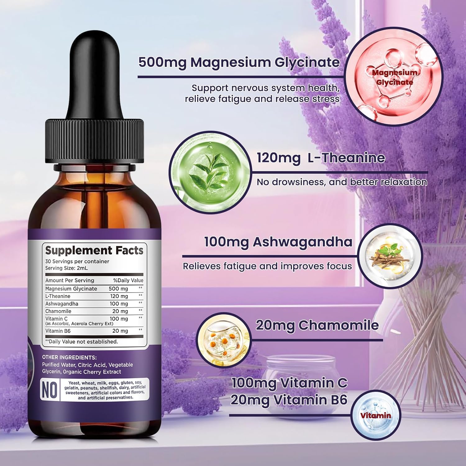 Magnesium Glycinate Liquid Drops 500mg, with Vitamin B6, Ashwagandha, L - Theanine, Chamomile, Magnesium Glycinate Supplement High Absorption for Sleep, Stress, Energy, Mood - Cherry Flavor