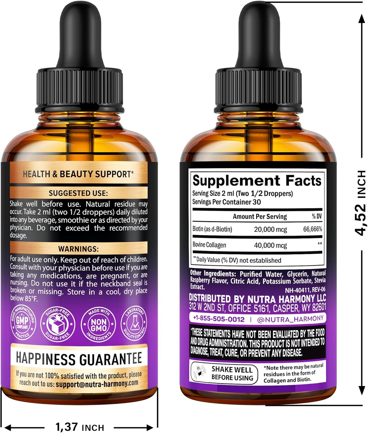 Liquid Biotin & Collagen - Vitamins for Hair Growth Support for Women & Men - Extra Strength 60000 mcg Drops - B7 Supplement - Strong Nails & Healthy Skin - 98% Faster Absorption Than Pills