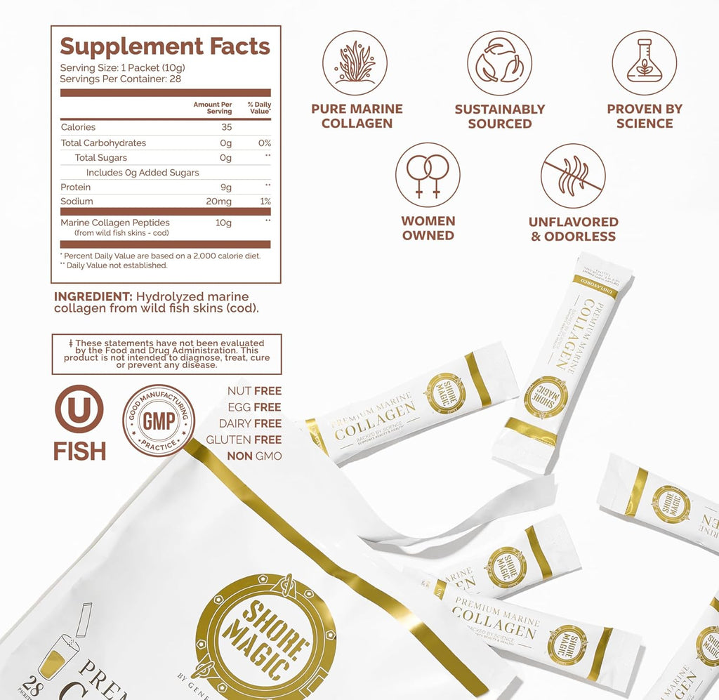 Shore Magic Premium Marine Collagen Powder – Hydrolyzed Type I, II, III & IV Peptides for Skin, Hair, Nails & Joints – Wild-Caught Fish, Kosher, Unflavored, Travel Friendly, 28 Daily Packets