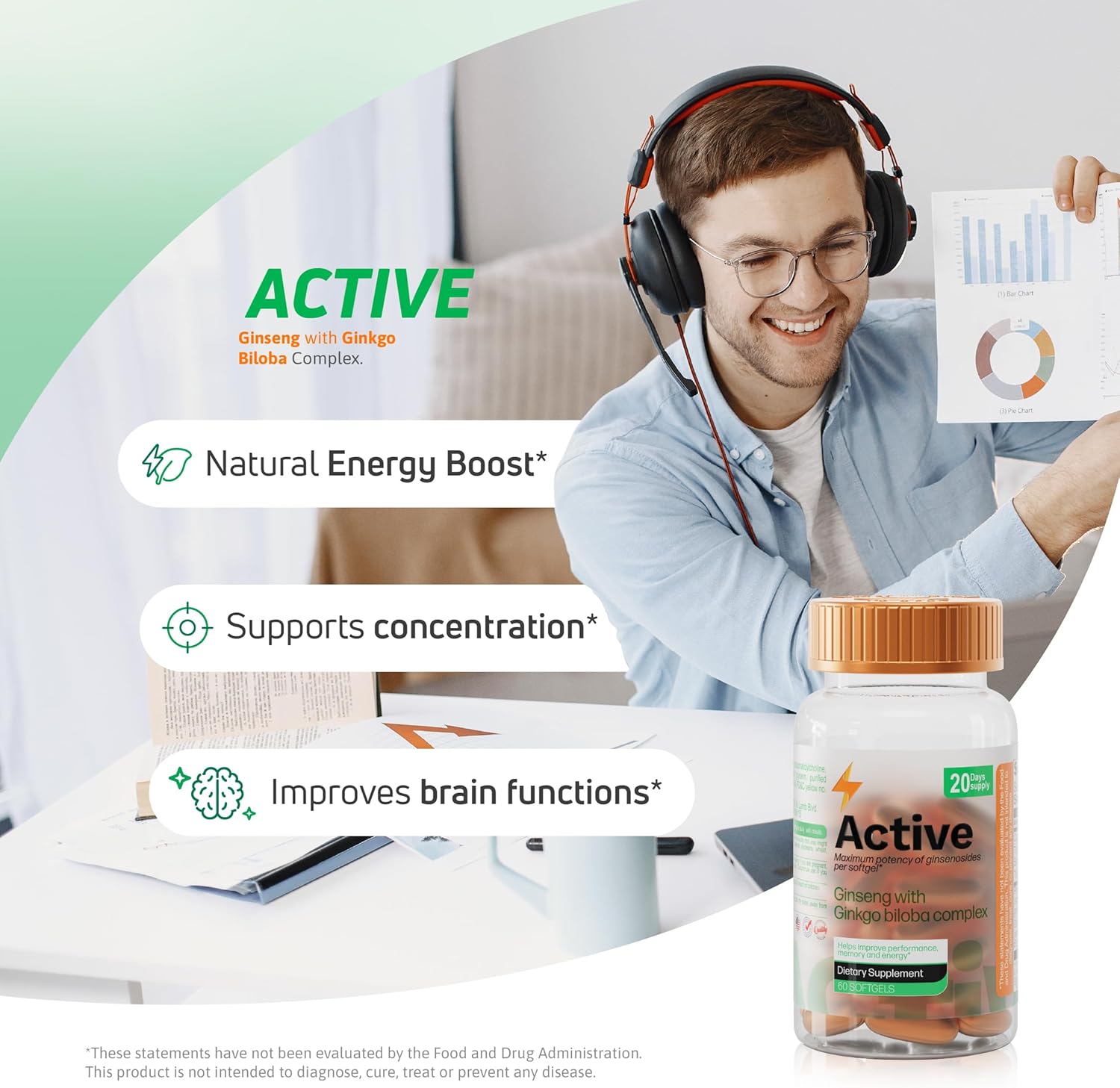Panax Ginseng Extract 200 mg & Ginkgo Biloba 80 mg Complex – 60 Softgels – Energy and Focus Formula – Ginseng Supplement with Ginkgo for Men and Women – Gluten Free -Active