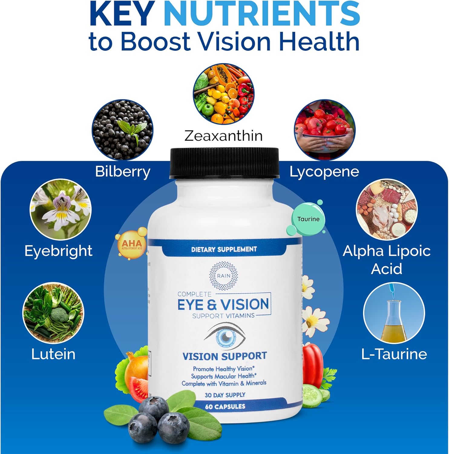 Rain Eye Vitamins & Vision Supplements for Adults – Eye Comfort and Vision Support – Lutein and Zeaxanthin Eye Supplements for Macular Health – 60 Veggie Capsules