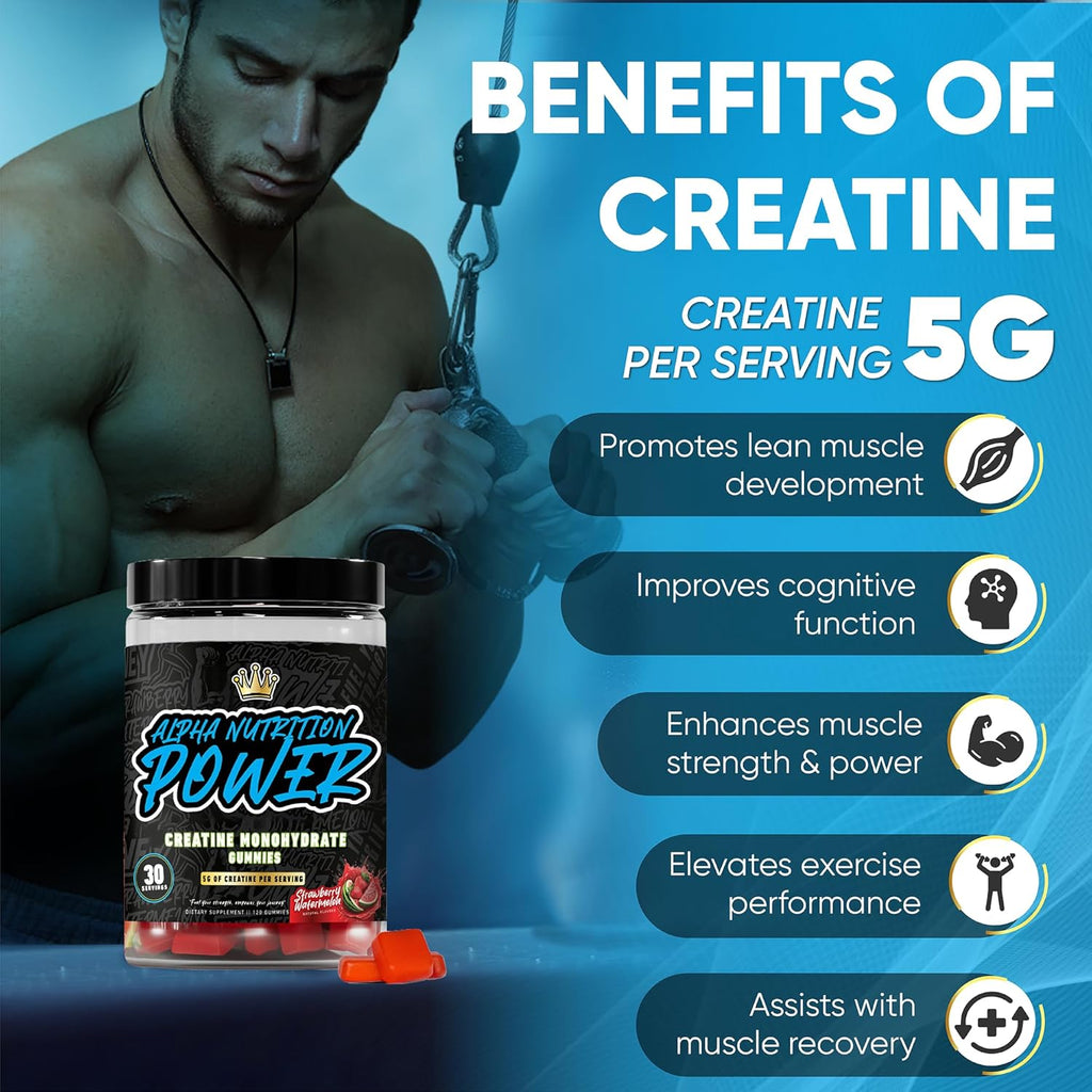 Creatine Monohydrate Gummies 5g for Men & Women | 1.25g Creatine per Gummy for Muscle Growth, Endurance, Recovery, & Focus | Vegan, Non-GMO, Gluten-Free | Strawberry-Watermelon Flavor | 120 Count