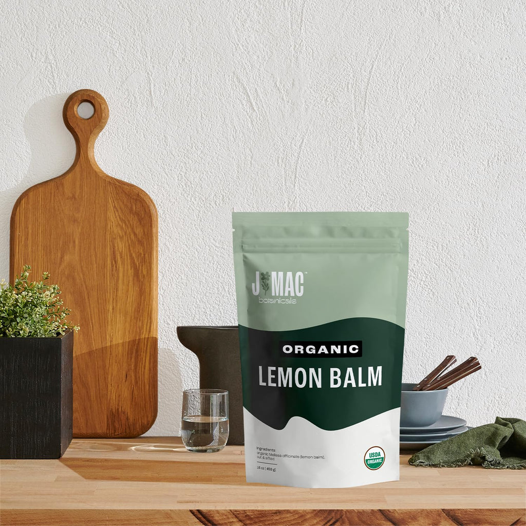 J Mac Botanicals Organic Lemon Balm (16 oz), Loose Leaf Tea, Dried Lemon Balm Tea, herbal Infusion, Lemon balm leaves, melissa officinalis tea, Certified USDA Organic
