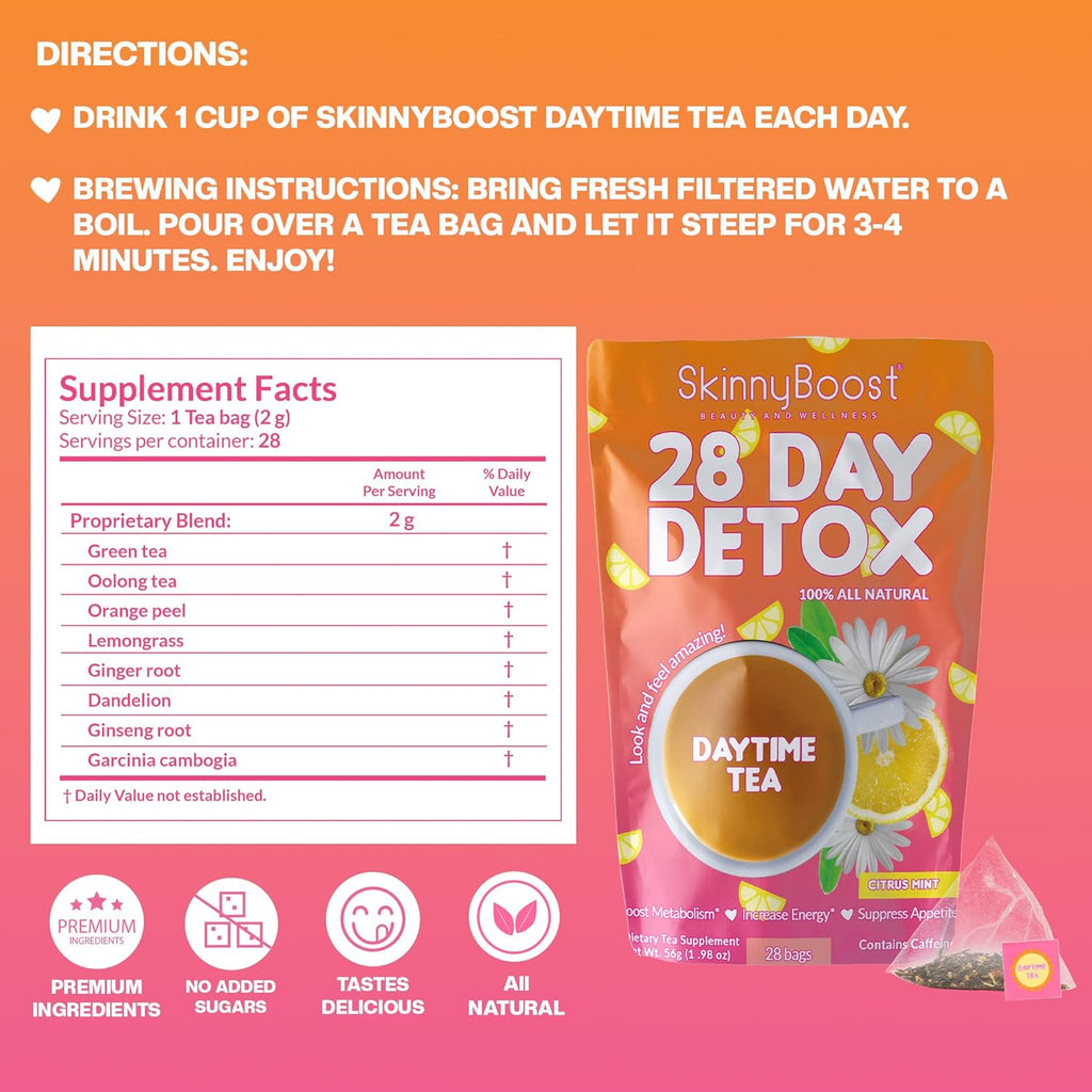 SkinnyBoost 28 Day Detox Daytime Tea - CITRUS MINT (28 Tea Bags) Supports Metabolism Boost, Detox, All Natural, Non GMO, Vegan, Keto Friendly