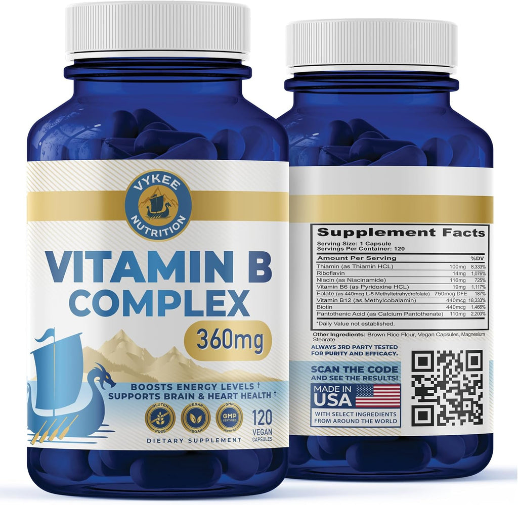 B Complex Supplement – High-Potency B Vitamins with 750mg DFE Folate, 440mcg B12/Biotin | Vegan Non-GMO | Supports Cellular Energy Production & Red Blood Cell Formation | 120 Capsules