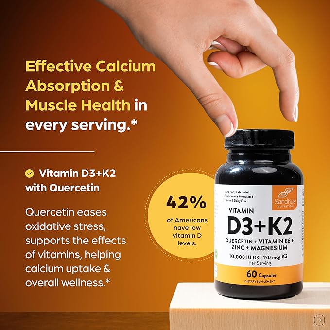 Sandhu's Vitamin D3 K2 Magnesium 10000 IU, 120mcg K2 Capsules 60 Count (Pack of 1) | with VIT B6, Zinc & Quercetin | D3K2 Supports Superior Absorption, Energy, Immune, Muscle Health for Men & Women