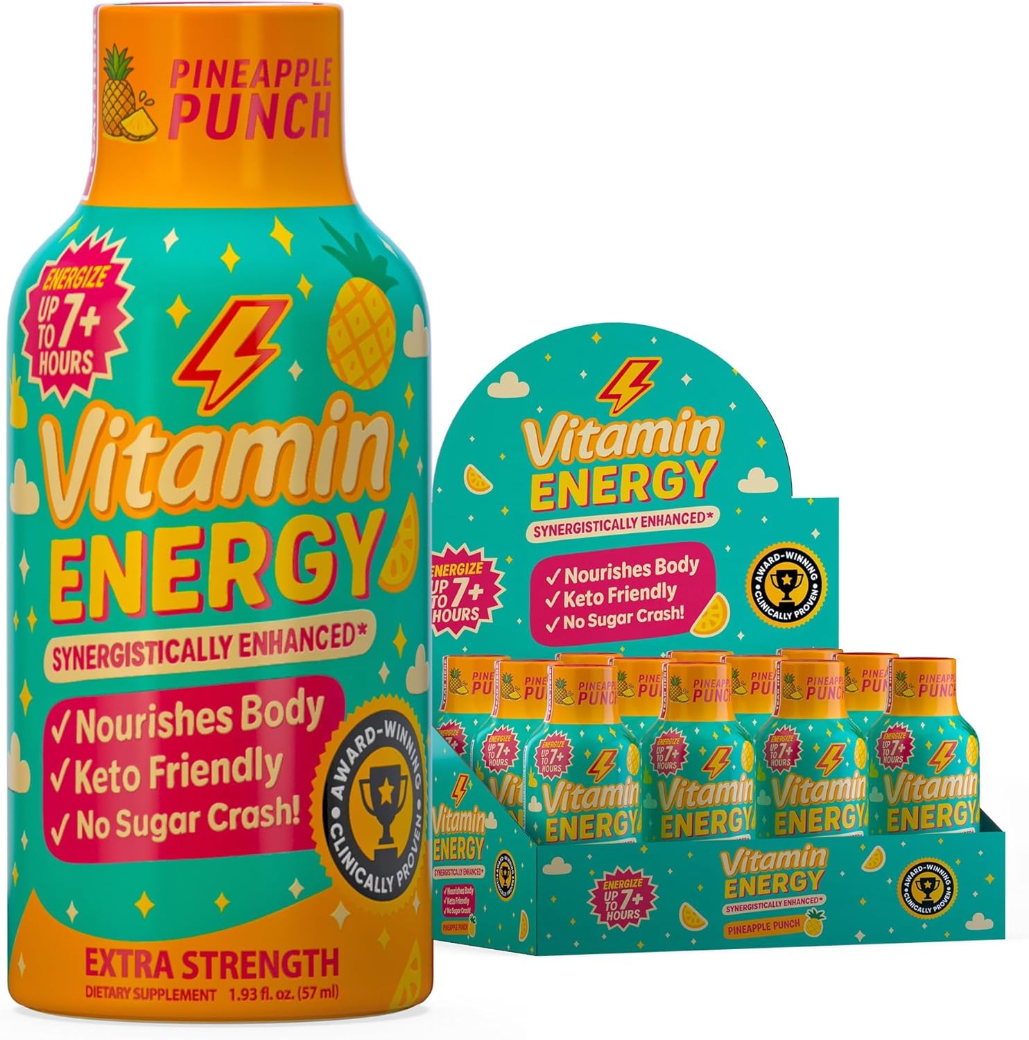 Vitamin Energy Immune+ Extra Strength Energy Shot Pineapple Punch 12 Pack, 260mg Natural Caffeine, B-Vitamins, Citicoline, Green Tea, Immunity & Focus Support, Zero Sugar, Gluten-Free 1.93 fl oz