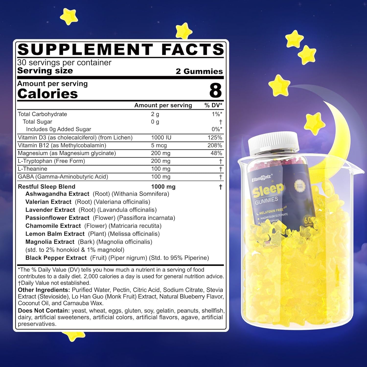 Melatonin Free Sleep Aid Gummies for Adults, Sugar Free Sleeping Gummy No Melatonin, Natural Calm Gummies with Magnesium Glycinate, L-Tryptophan, L-Theanine, GABA, Ashwagandha, Valerian, 120cts