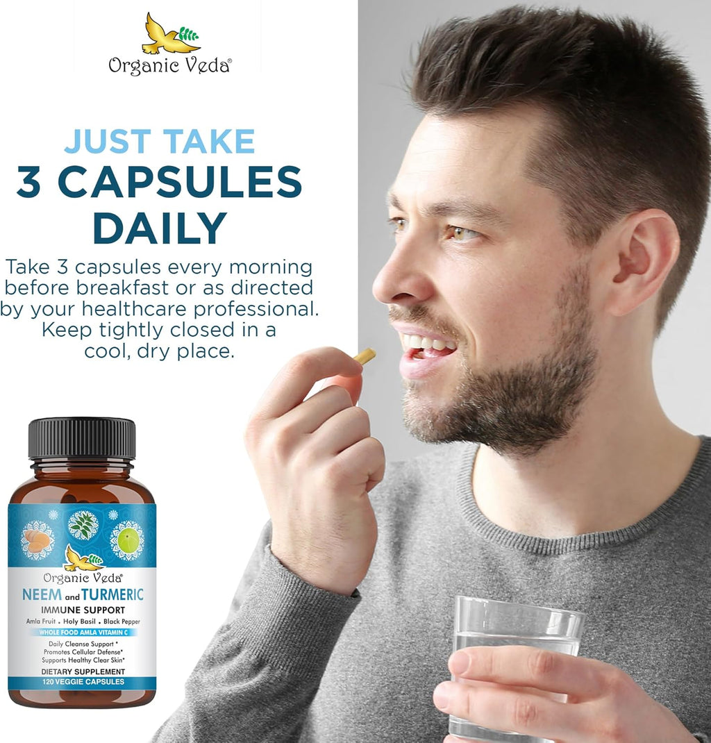 Organic Veda Neem & Turmeric Capsules with Amla Fruit, Tulsi, Holy Basil, Black Pepper Extract - Immune Support Dietary Supplement - Boosts Healthy Clear Skin & Cellular Defense - 120 Vegan Capsules