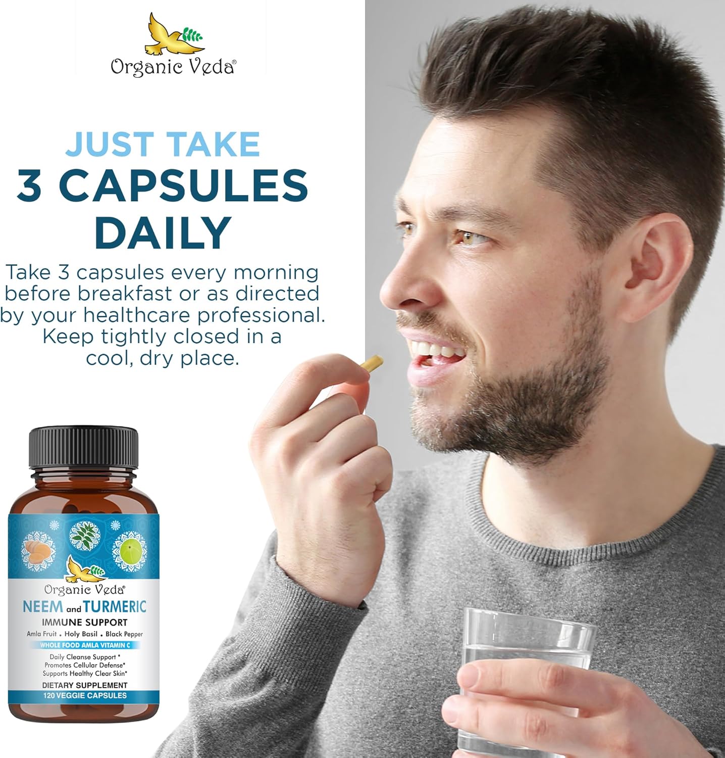Organic Veda Neem & Turmeric Capsules with Amla Fruit, Tulsi, Holy Basil, Black Pepper Extract - Immune Support Dietary Supplement - Boosts Healthy Clear Skin & Cellular Defense - 120 Vegan Capsules