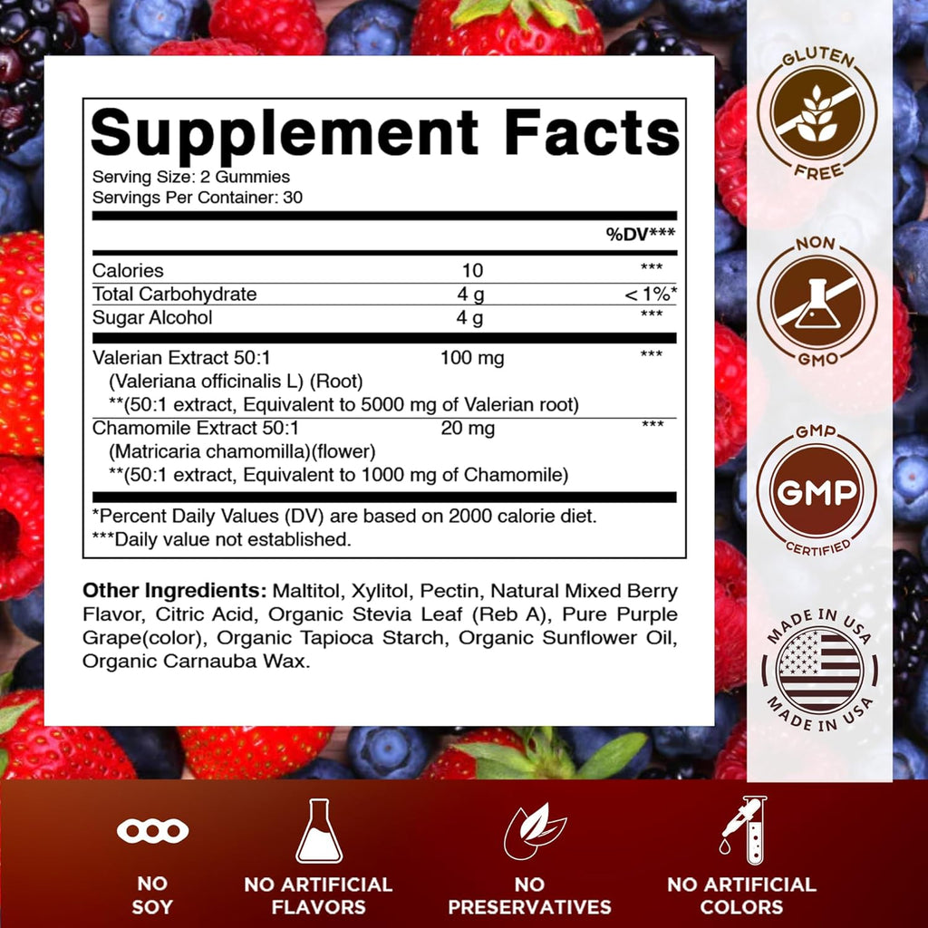 Vitamatic Valerian Root Chamomile Gummies – 6000 mg Equivalent Per Serving – Mixed Berry Flavor – 60 Gummies – Non-GMO, Gluten-Free – 30 Servings