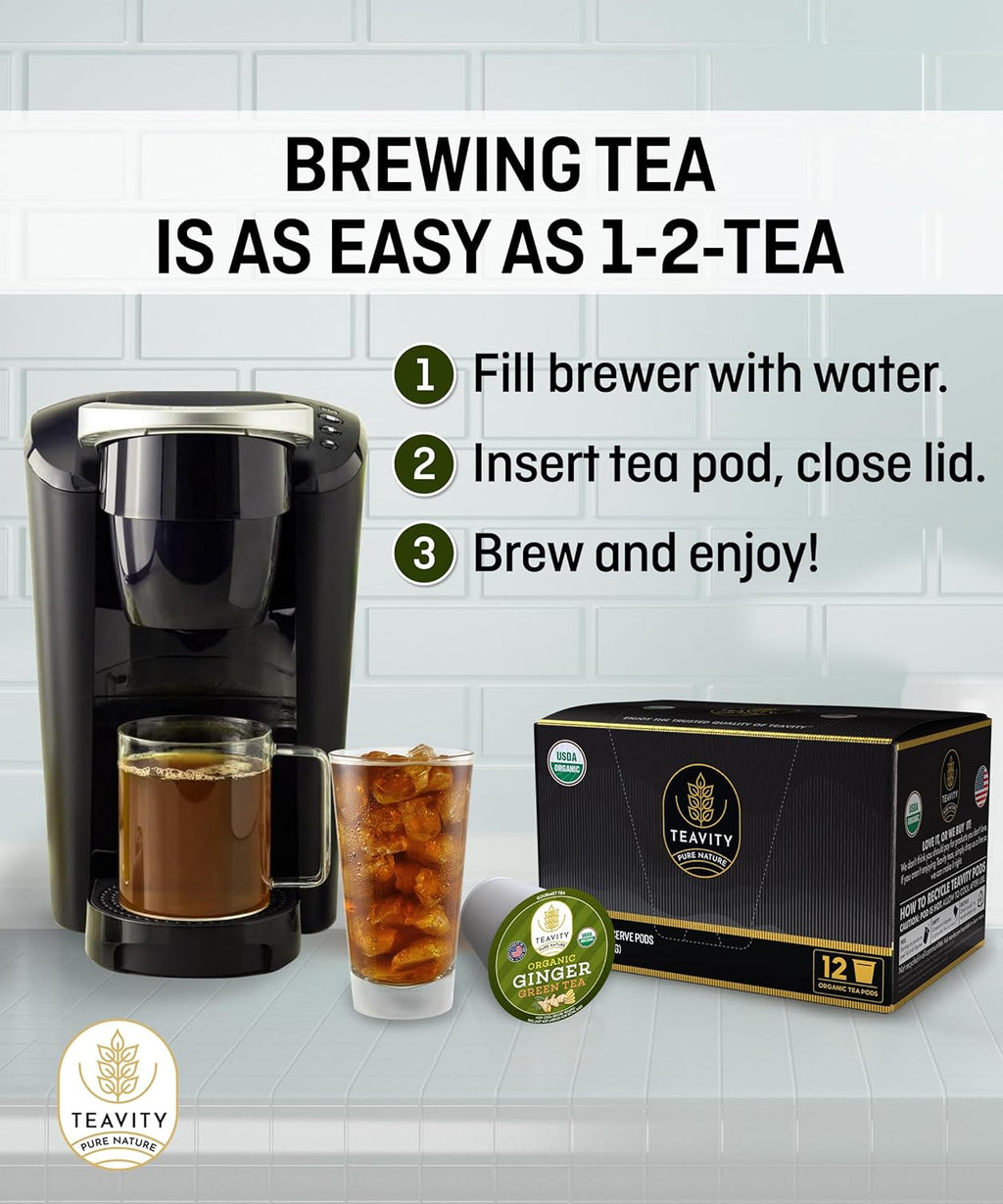 Green Tea & Ginger Tea Pods for Keurig - Caffeinated, Organic, Dye Free, Unsweetened, Herbal Blend for K Cup Machines - Hot or Iced (36 Tea Pods)