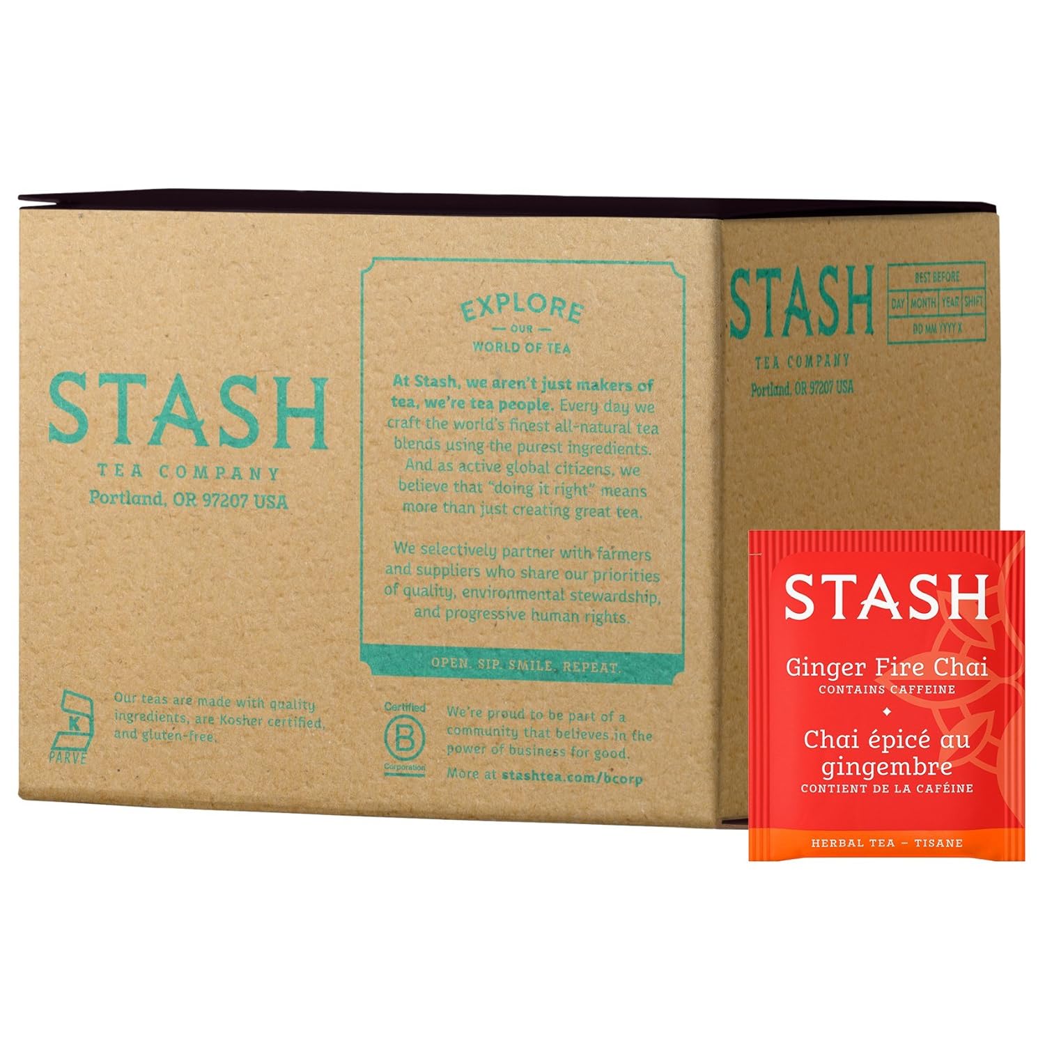 Stash Tea Ginger Fire Chai Herbal Tea - Caffeinated, Non-GMO Project Verified Premium Tea with No Artificial Ingredients, 100 Count (BULK PACKAGING)