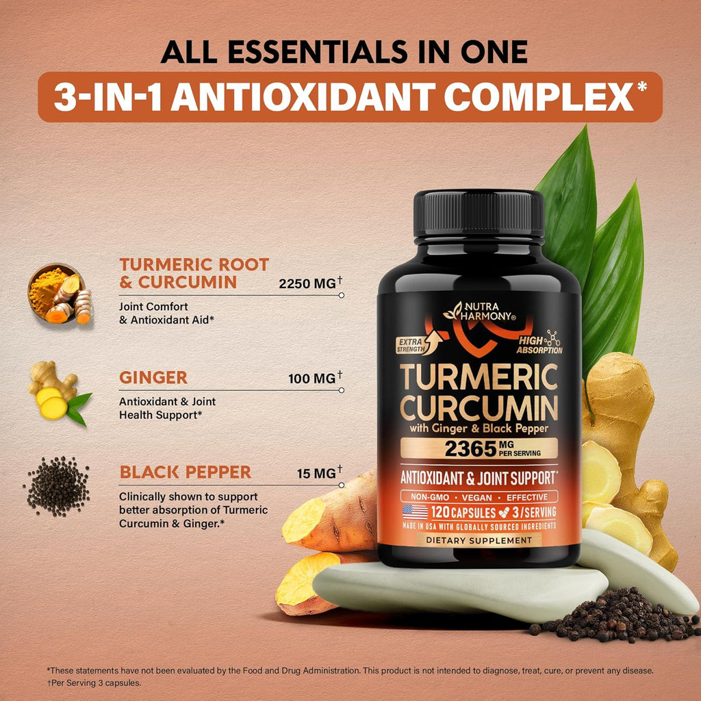 Turmeric Curcumin Supplement 2365 mg - Turmeric with Ginger & Black Pepper - Highly Bioavailable & Extra Strength 95% Curcuminoids - Antioxidant, Immunity & Joint Support - Made in USA - 120 Capsules