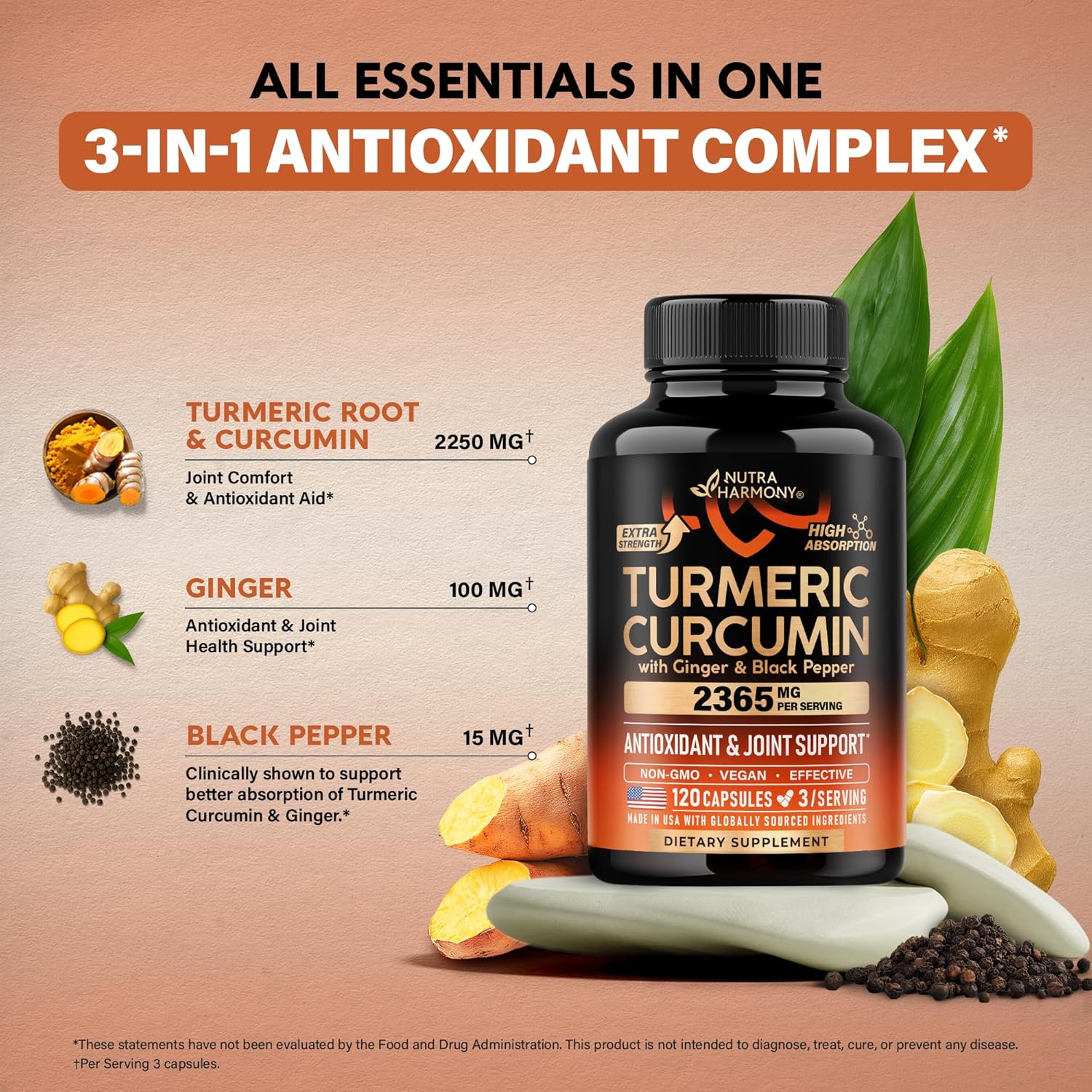 Turmeric Curcumin Supplement 2365 mg - Turmeric with Ginger & Black Pepper - Highly Bioavailable & Extra Strength 95% Curcuminoids - Antioxidant, Immunity & Joint Support - Made in USA - 120 Capsules
