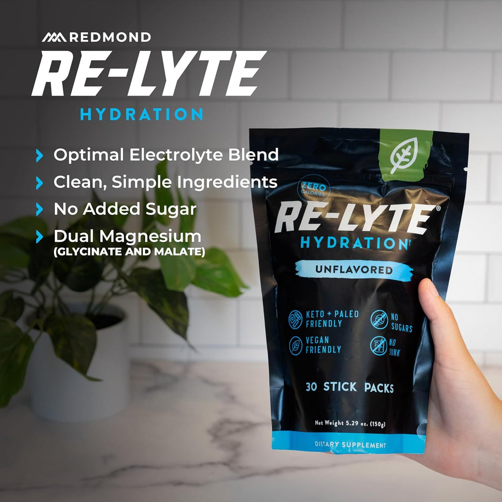 REDMOND Re-Lyte Hydration Electrolyte Powder Mix (Unflavored), 30 Stick Packs