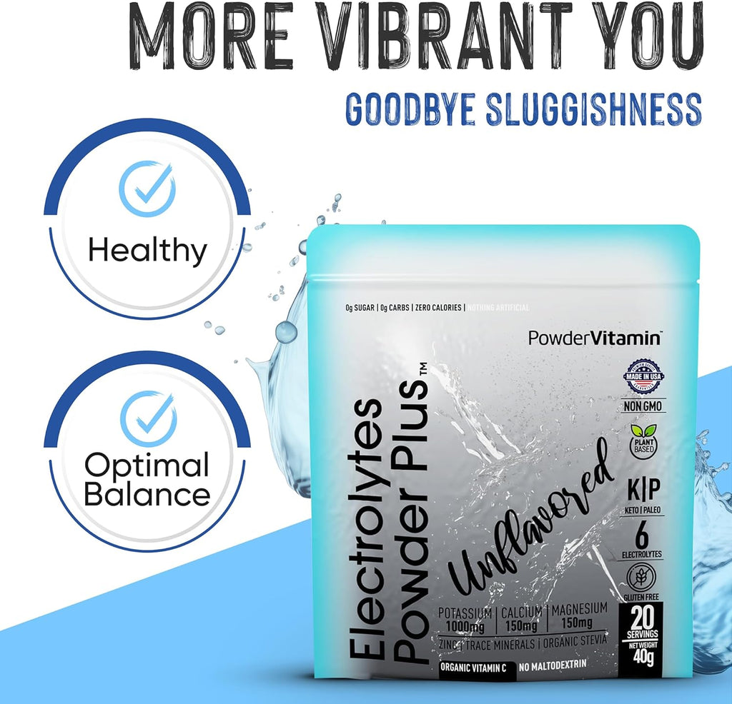 PowderVitamin Electrolytes Powder Plus (20 Servings) Unflavored Electrolyte Powder Keto, Sugar Free, Pink Himalayan Salt.,1000mg Potassium,150mg Calcium,150mg Magnesium, Hydration Powder NO STEVIA