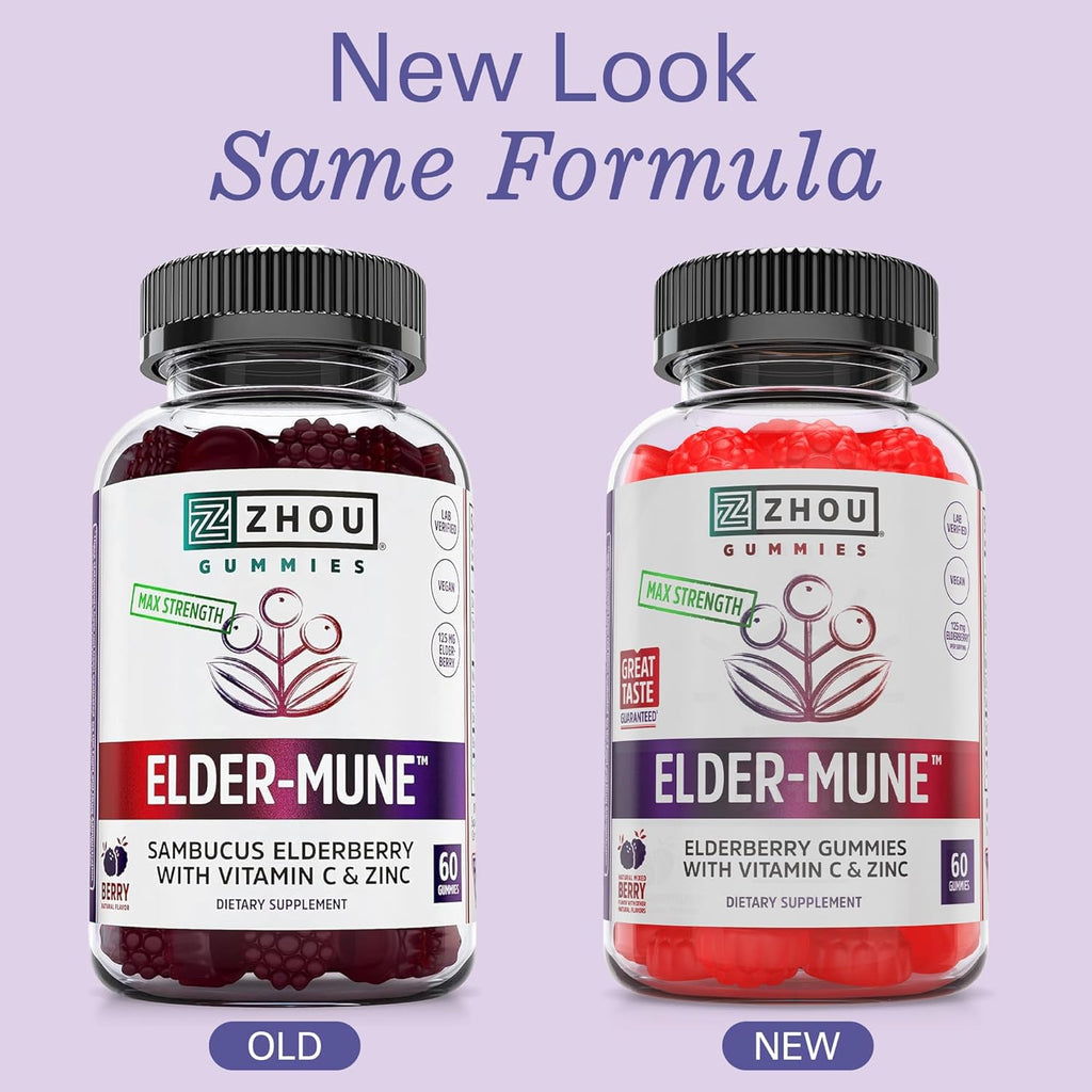 ZHOU Elder-Mune Elderberry Gummies - Black Elderberry Vitamin C, & Zinc, Daily Immune Support Supplement for Women & Men, Natural Chews for Adults & Children 4 & Up - 60 Gummies (3 Pack)
