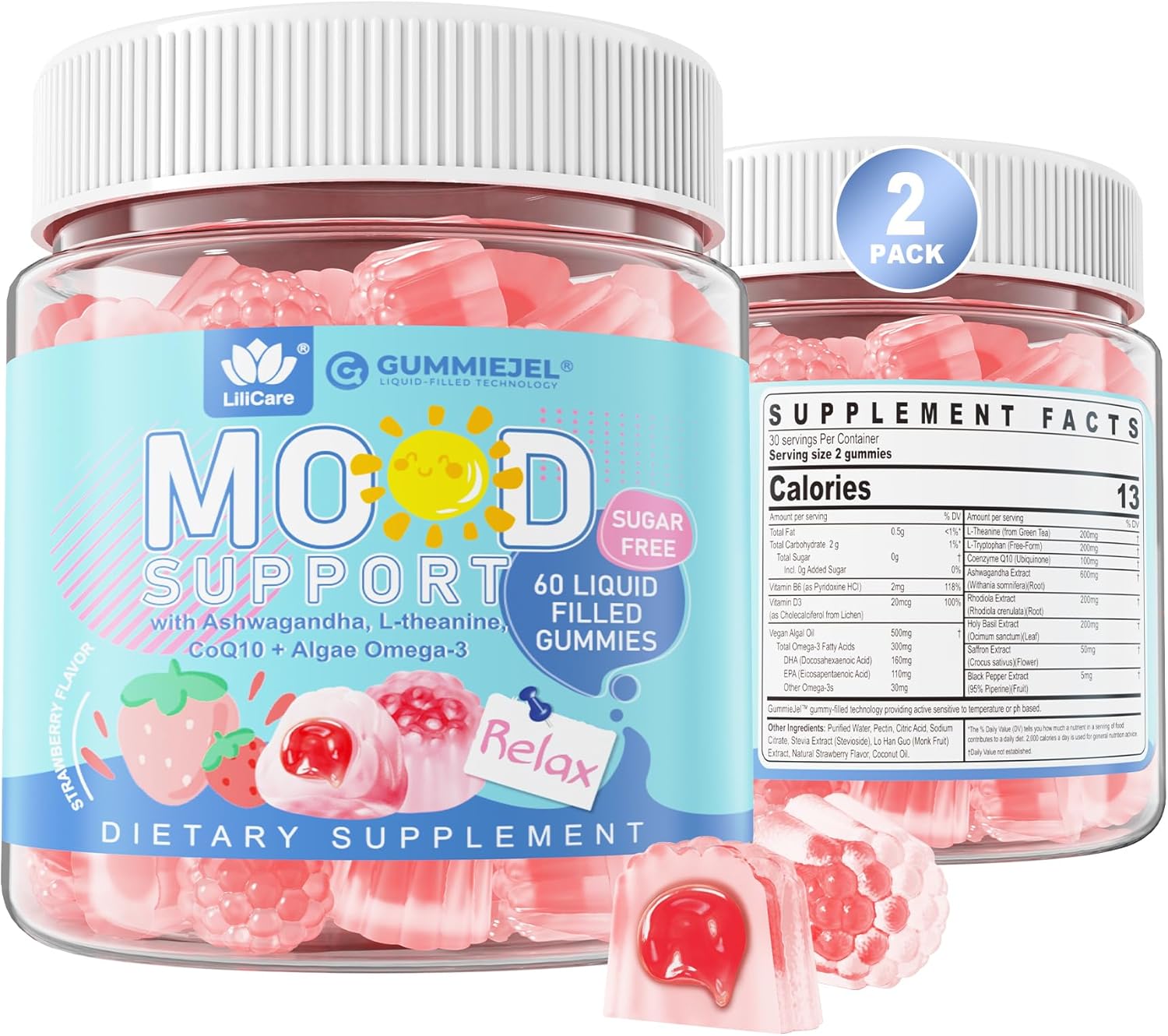 Sugar Free Ashwagandha Mood Support Filled Gummies for Women Men, Calm Gummy with Vitamin D3 B6, Vegan Omega 3, L-Theanine, CoQ10 & Rhodiola Rosea, Natural Relax Calming Supplement, Vegan, 120Cts