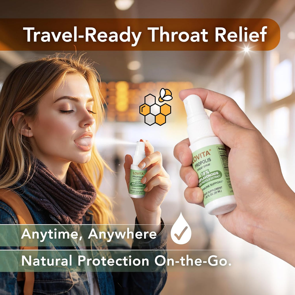 LOVITA Bee Propolis Throat Spray 250mg, Bee Propolis Extract with 18% Bioflavonoids, Alcohol-Free Antioxidant, Immune Support & Sore Throat Relief, Gluten-Free, Non-GMO, 1 Fl Oz, 30 Day Supply