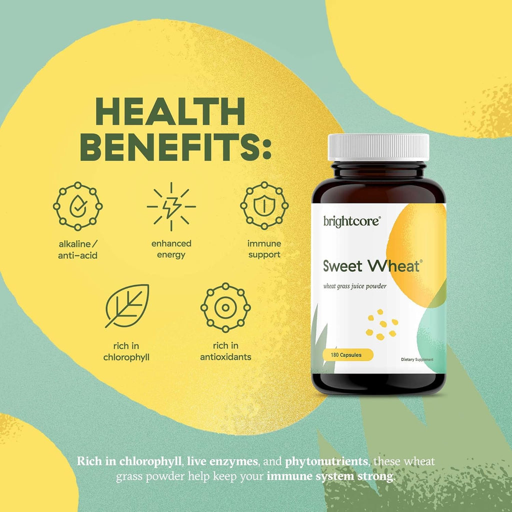Brightcore Nutrition Sweet Wheat, Ready-to-Drink Athletic Greens, Super Greens with Digestive Enzymes for Digestive Health and Immune Boost, 180 Wheatgrass Juice Powder Capsules