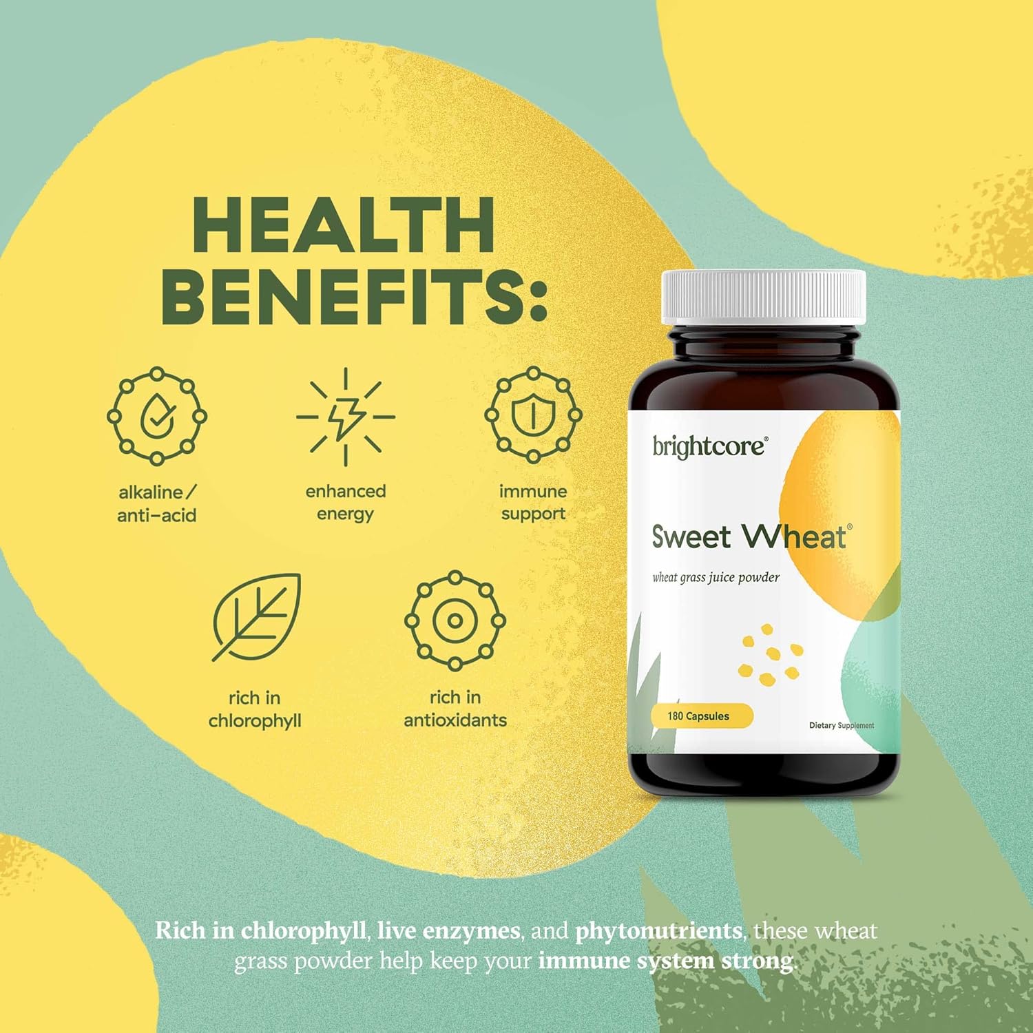 Brightcore Nutrition Sweet Wheat, Ready-to-Drink Athletic Greens, Super Greens with Digestive Enzymes for Digestive Health and Immune Boost, 180 Wheatgrass Juice Powder Capsules