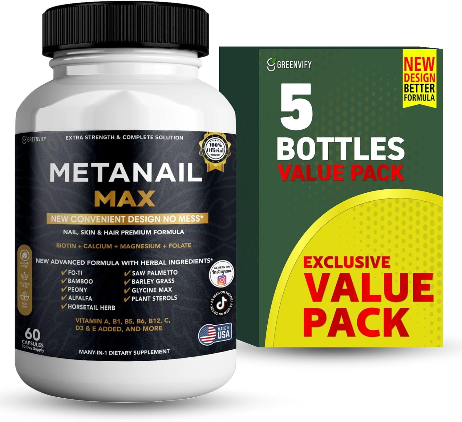 Metanail Max Hair, Skin & Nail Supplement, 60 Capsules, with Biotin 5000mcg, Vitamins & Herbal Blend (5)