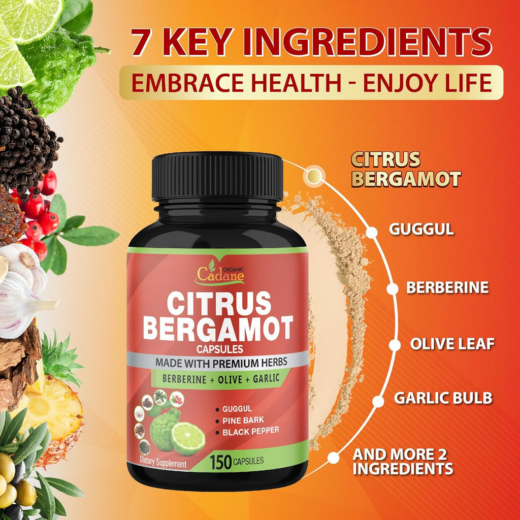Organic Cadane Citrus Bergamot Supplement Capsules with Berberine, Olive, Guggul, Garlic, Pine Bark, Black Pepper - 150 Caps for 5 Months Supply