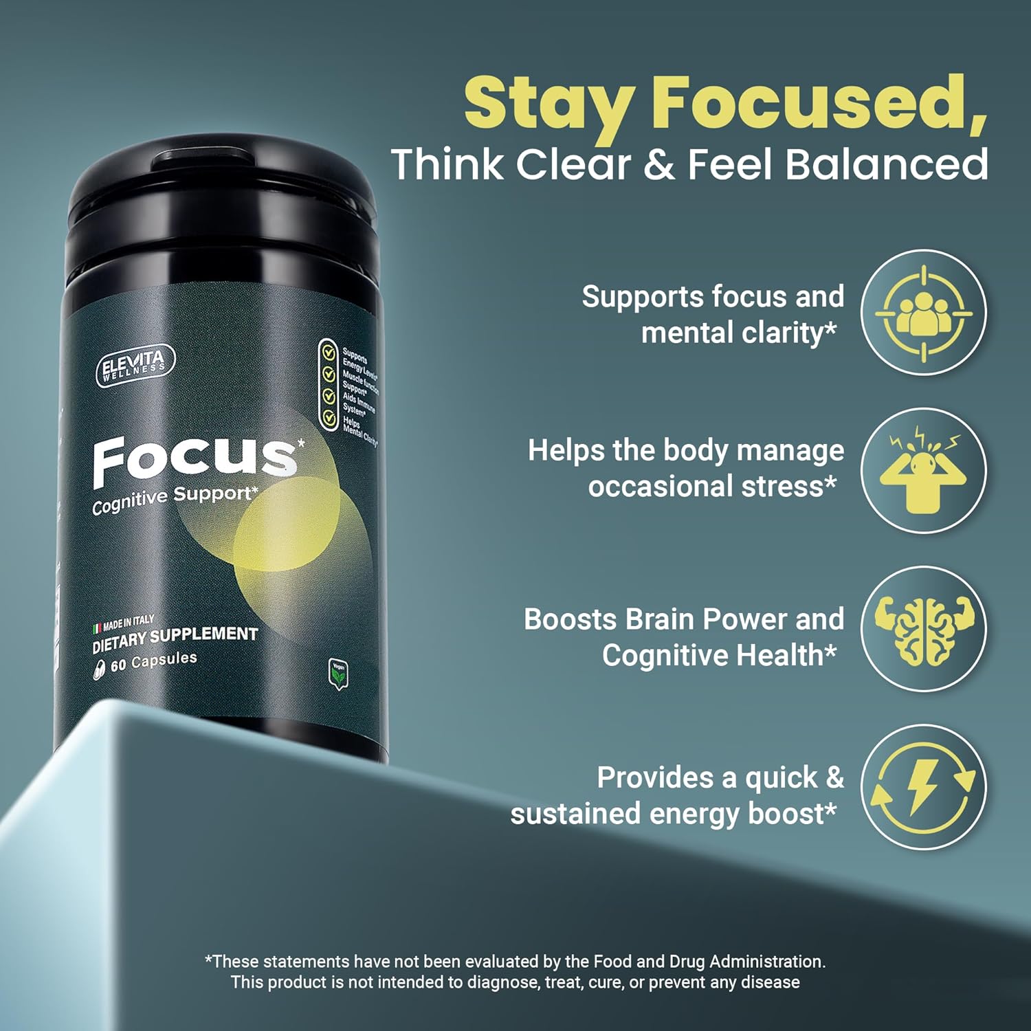 Focus Supplement (Made in Italy) | Premium Blend with L-Theanine, Lion's Mane & B Vitamins, Saffron and Vitamin D | Focus & Cognitive Support for Men & Women