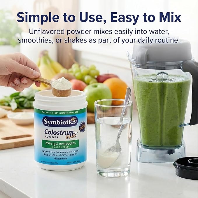 Symbiotics Colostrum Plus Powder, 6.3 oz (180 g) - 25% IgG Immunoglobulins, Naturally Occurring Lactoferrin, Supports Immune Function & Digestive Balance, Gluten Free