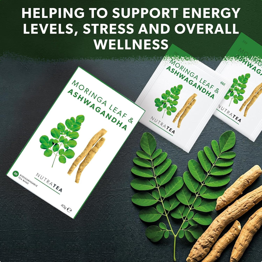 Nutra Tea - Moringa Leaf & Ashwagandha – Moringa Tea Bags, Ashwagandha Tea Bags - For Mood Support and Stress Relief - 20 Individually Wrapped Bags - Herbal Infusion (1 Pack)