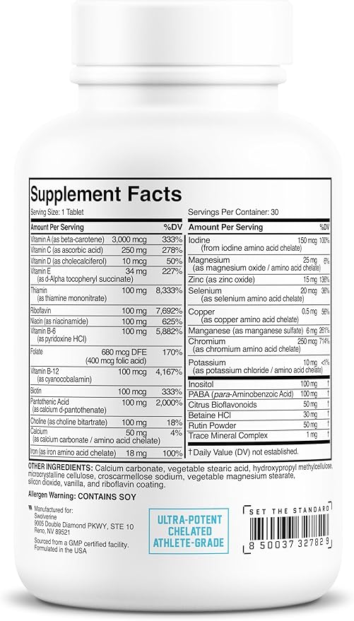 Swolverine Multivitamin | for Men & Women – High Potency Daily Vitamins with B-Complex, Antioxidants, Minerals, Inositol & PABA – Energy, Immune, Metabolic & Performance Support (30 Tablets)