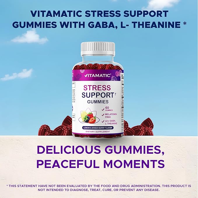 Vitamatic Stress Relief Gummies with GABA, L-Theanine, Lemon Balm – Lemon & Mixed Berry Flavor – 60 Gummies – Vegan, Non-GMO, Gluten-Free