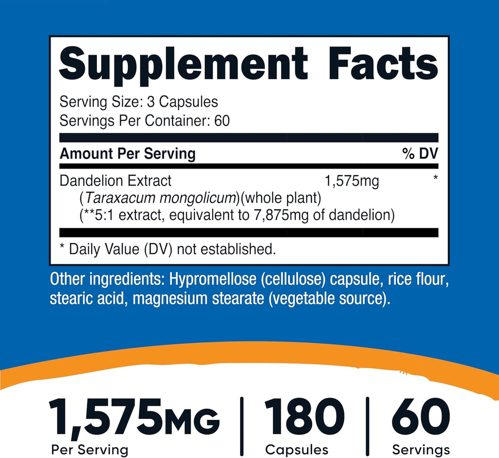 Nutricost Dandelion Extract Capsules 1575mg Per Serving (180 Caps, 60 Servings) - 525mg Per Capsule (5:1 Extract, Equivalent to 7,875mg), Non-GMO, Gluten Free