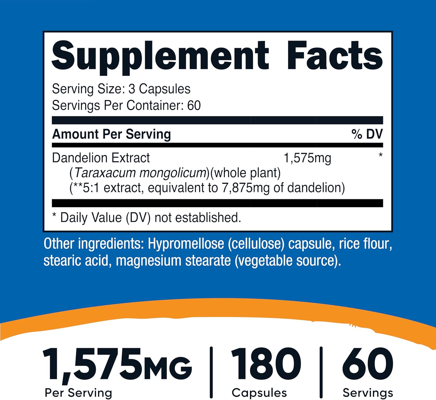 Nutricost Dandelion Extract Capsules 1575mg Per Serving (180 Caps, 60 Servings) - 525mg Per Capsule (5:1 Extract, Equivalent to 7,875mg), Non-GMO, Gluten Free